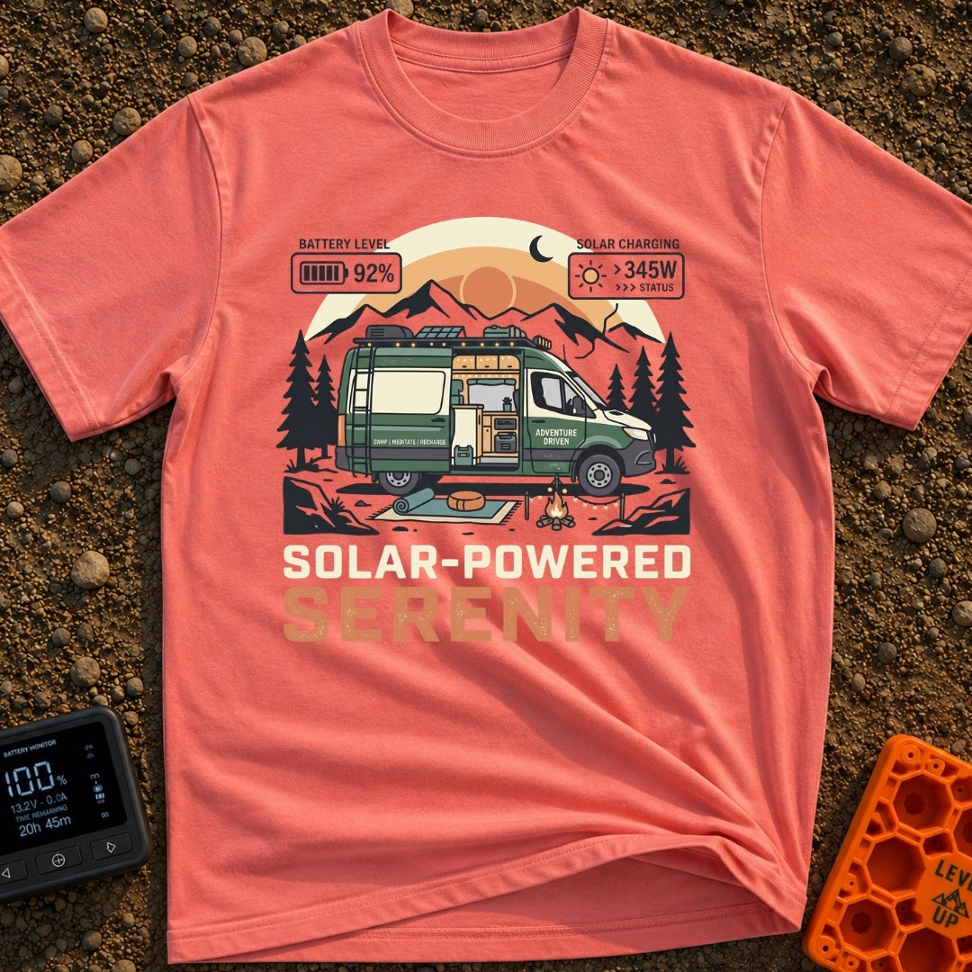 Charged Camper Zen - T-Shirt in Watermelon - A stylized illustration of a green camper van parked in a mountain landscape...