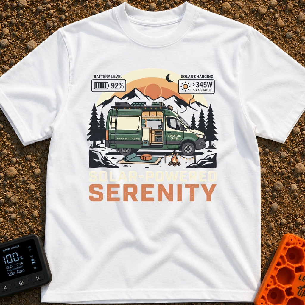 Charged Camper Zen - T-Shirt in White - A stylized illustration of a green camper van parked in a mountain landscape with...