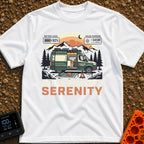 Charged Camper Zen - T-Shirt in White - A stylized illustration of a green camper van parked in a mountain landscape with...