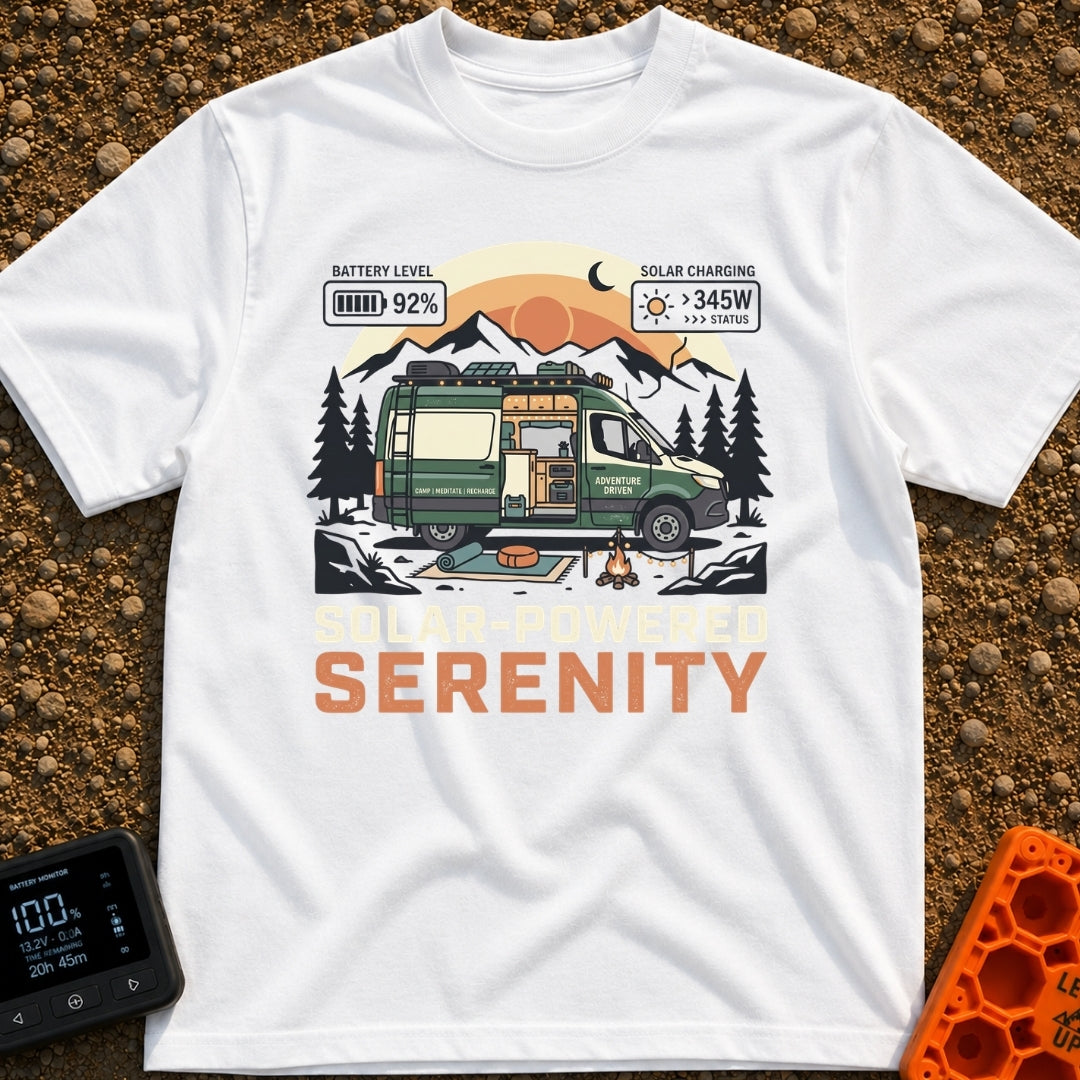 Charged Camper Zen - T-Shirt in White - A stylized illustration of a green camper van parked in a mountain landscape with...