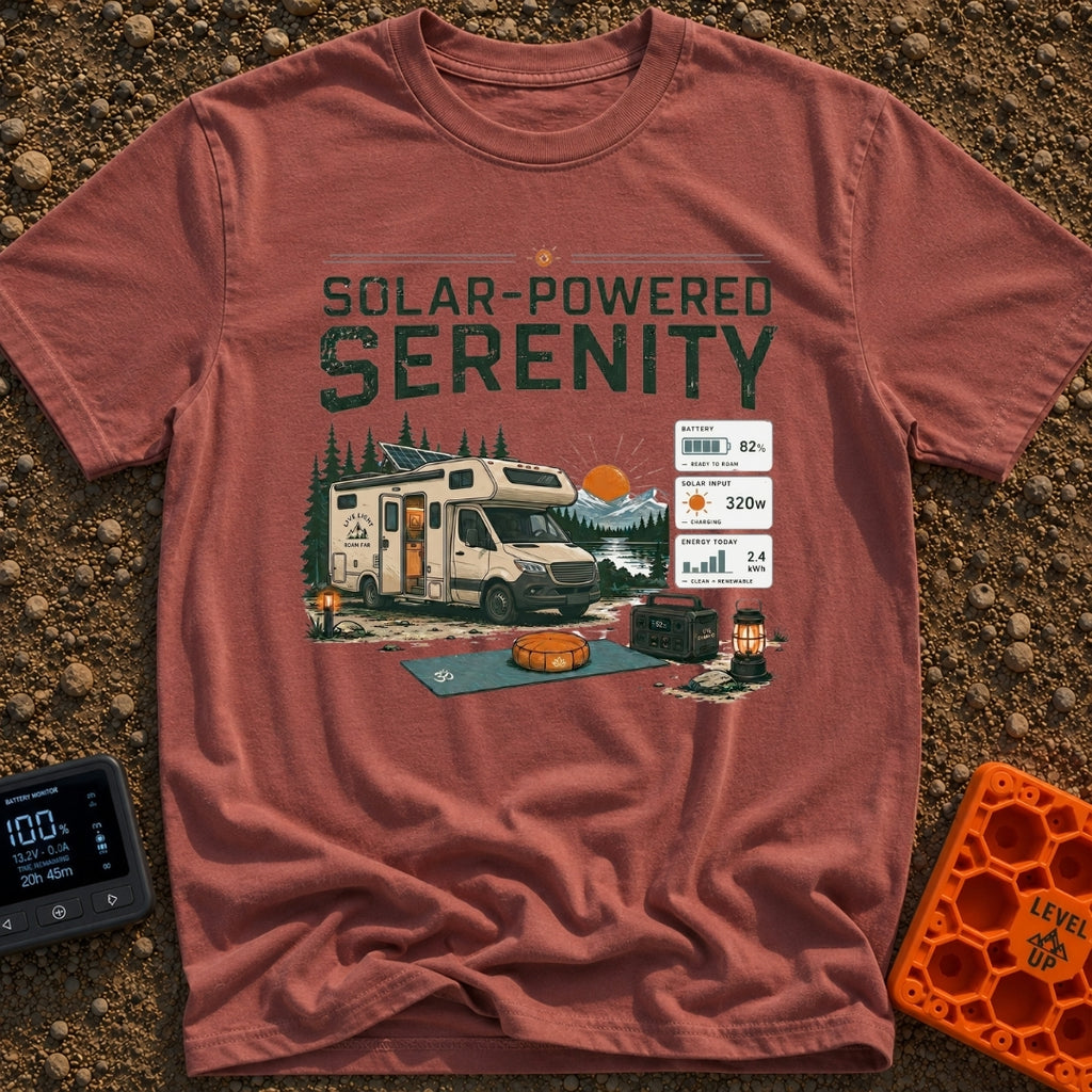 Solar State of Mind - T-Shirt in Brick - A camper van with a roof-mounted solar panel is parked by a lake and mountains...