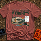 Solar State of Mind - T-Shirt in Brick - A camper van with a roof-mounted solar panel is parked by a lake and mountains...