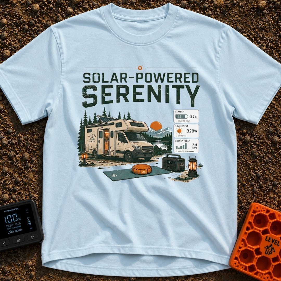 Solar State of Mind - T-Shirt in Chambray - A camper van with a roof-mounted solar panel is parked by a lake and...