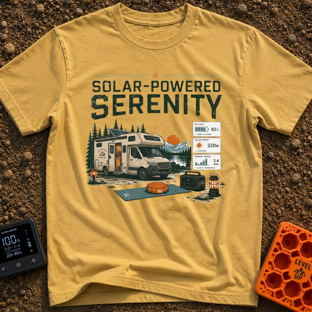Solar State of Mind - T-Shirt in Mustard - A camper van with a roof-mounted solar panel is parked by a lake and mountains...
