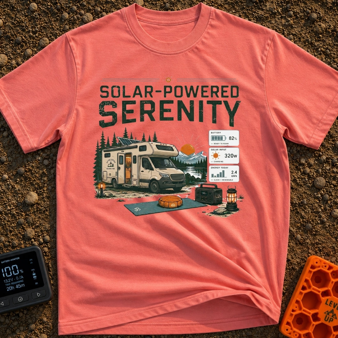 Solar State of Mind - T-Shirt in Watermelon - A camper van with a roof-mounted solar panel is parked by a lake and...