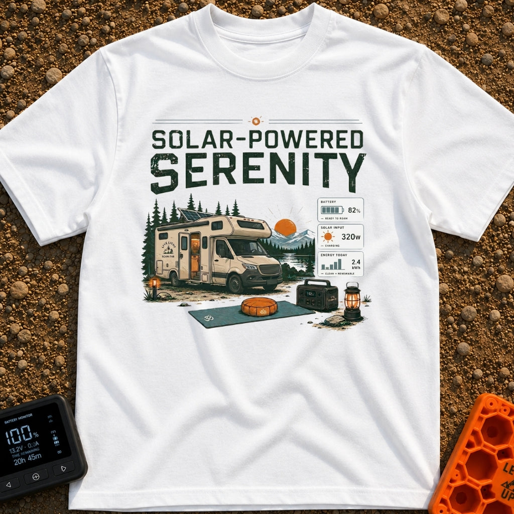 Solar State of Mind - T-Shirt in White - A camper van with a roof-mounted solar panel is parked by a lake and mountains...