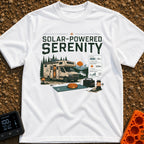 Solar State of Mind - T-Shirt in White - A camper van with a roof-mounted solar panel is parked by a lake and mountains...
