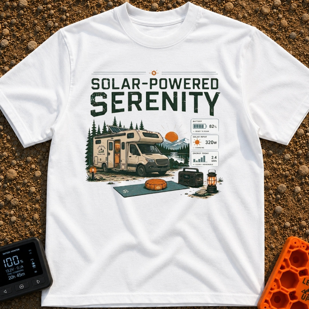 Solar State of Mind - T-Shirt in White - A camper van with a roof-mounted solar panel is parked by a lake and mountains...