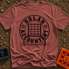 Watt Is My Balance - T-Shirt in Brick - A distressed black-and-white circular emblem featuring an abacus whose beads are...