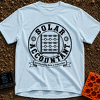 Watt Is My Balance - T-Shirt in Chambray - A distressed black-and-white circular emblem featuring an abacus whose beads...