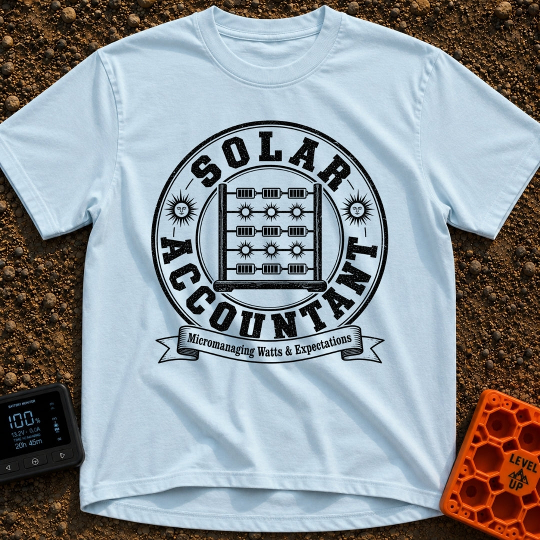 Watt Is My Balance - T-Shirt in Chambray - A distressed black-and-white circular emblem featuring an abacus whose beads...