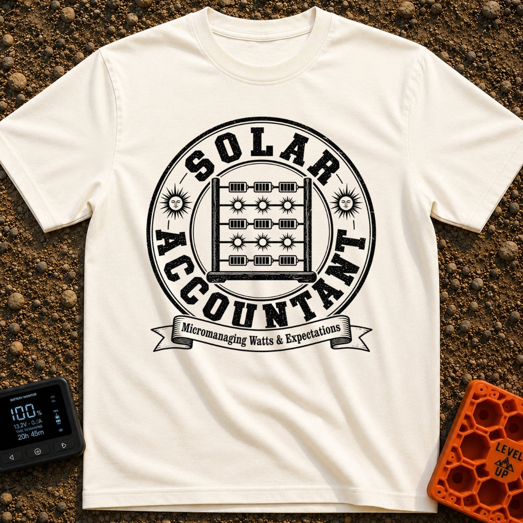 Watt Is My Balance - T-Shirt in Ivory - A distressed black-and-white circular emblem featuring an abacus whose beads are...