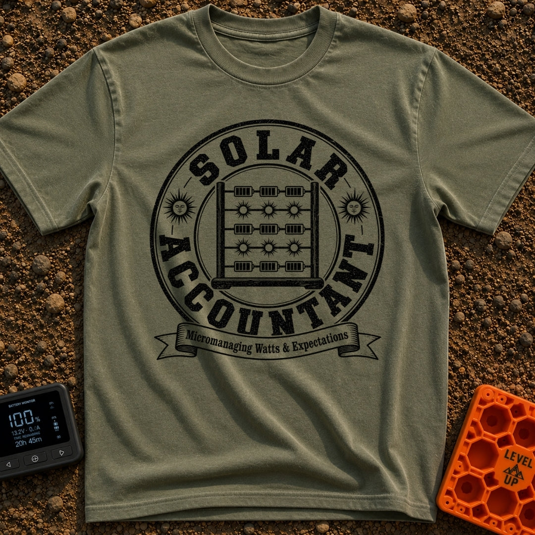 Watt Is My Balance - T-Shirt in Moss - A distressed black-and-white circular emblem featuring an abacus whose beads are...