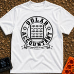 Watt Is My Balance - T-Shirt in White - A distressed black-and-white circular emblem featuring an abacus whose beads are...