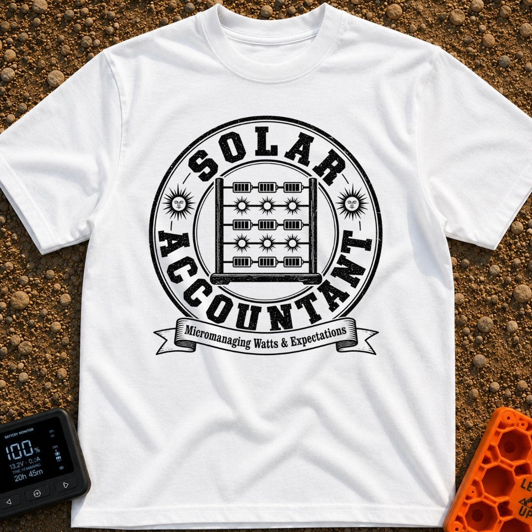 Watt Is My Balance - T-Shirt in White - A distressed black-and-white circular emblem featuring an abacus whose beads are...