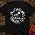 Solar Alignment Crew - T-Shirt in Black - A distressed circular graphic featuring a portable folding solar panel propped...
