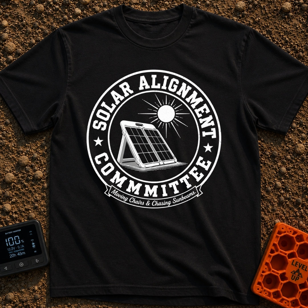 Solar Alignment Crew - T-Shirt in Black - A distressed circular graphic featuring a portable folding solar panel propped...