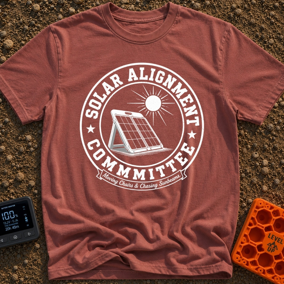 Solar Alignment Crew - T-Shirt in Brick - A distressed circular graphic featuring a portable folding solar panel propped...