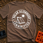 Solar Alignment Crew - T-Shirt in Espresso - A distressed circular graphic featuring a portable folding solar panel...