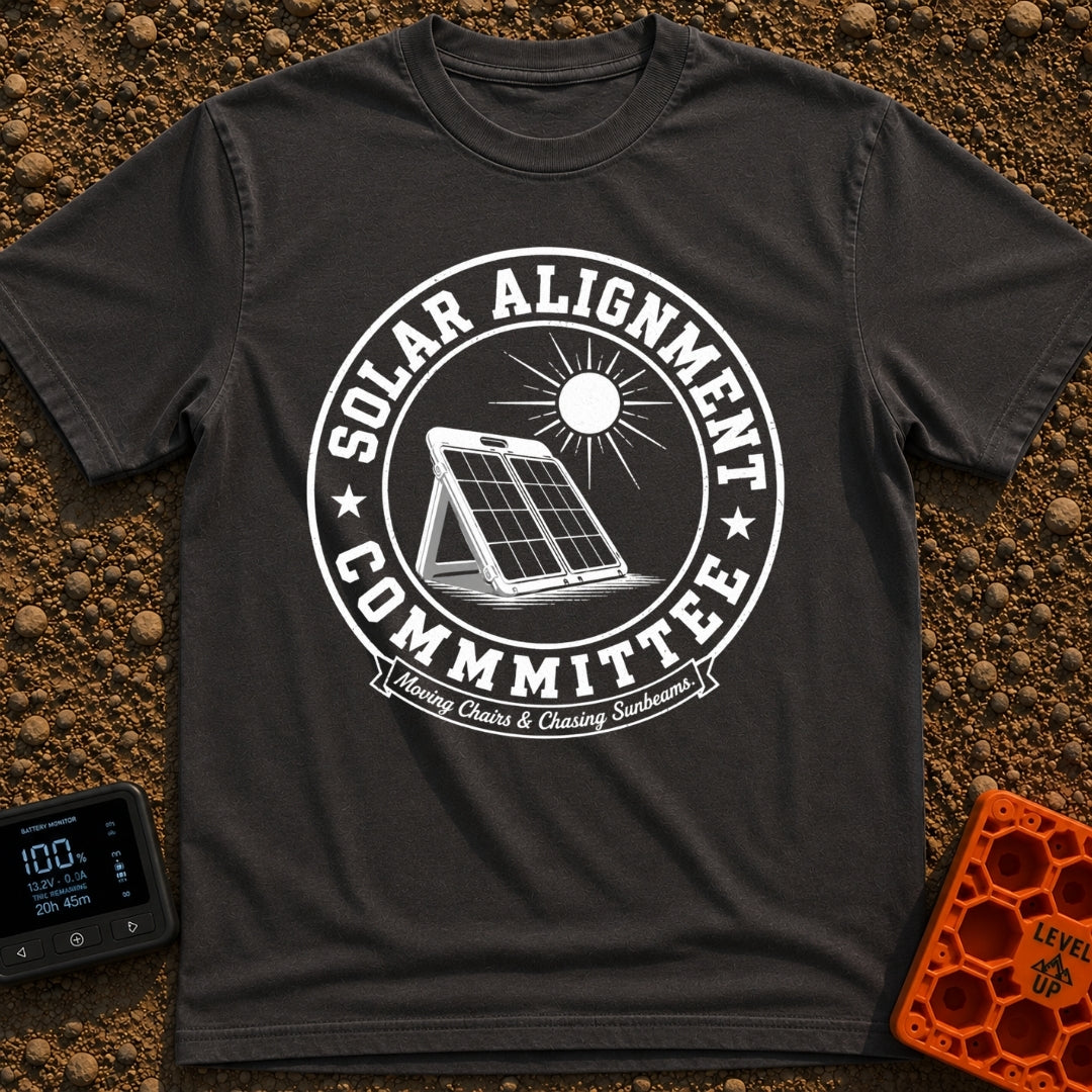 Solar Alignment Crew - T-Shirt in Graphite - A distressed circular graphic featuring a portable folding solar panel...