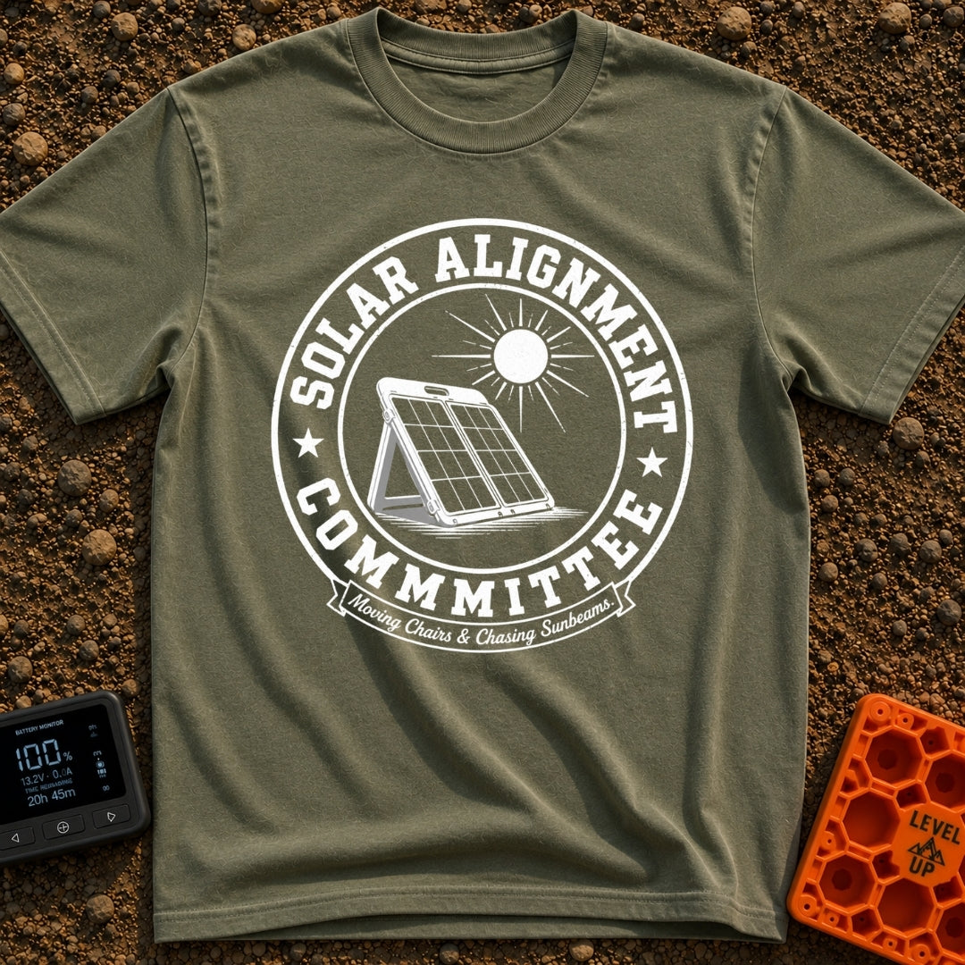 Solar Alignment Crew - T-Shirt in Moss - A distressed circular graphic featuring a portable folding solar panel propped...
