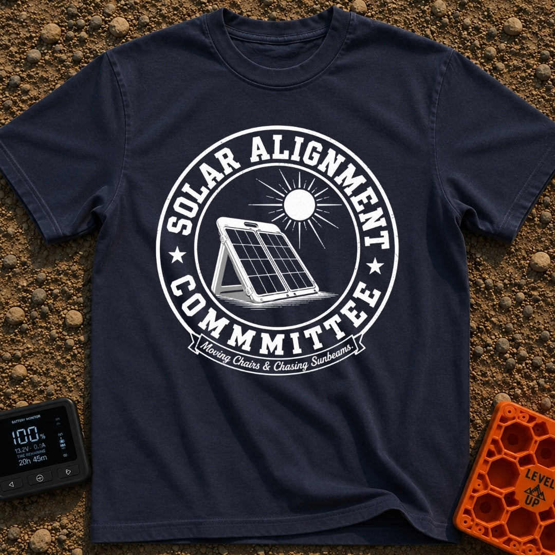 Solar Alignment Crew - T-Shirt in Navy - A distressed circular graphic featuring a portable folding solar panel propped...