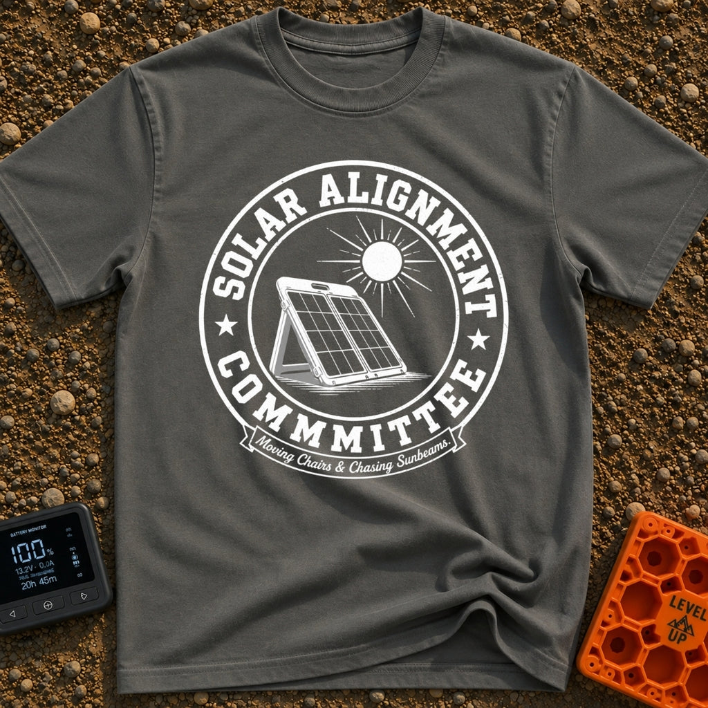 Solar Alignment Crew - T-Shirt in Pepper - A distressed circular graphic featuring a portable folding solar panel propped...
