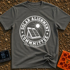 Solar Alignment Crew - T-Shirt in Pepper - A distressed circular graphic featuring a portable folding solar panel propped...