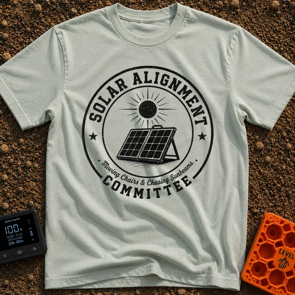 Solar Alignment Crew - T-Shirt in Bay - A distressed circular badge design featuring a portable, folding solar panel...