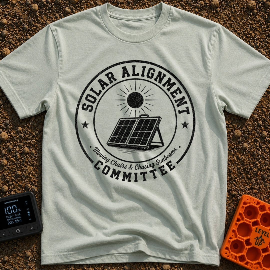 Solar Alignment Crew - T-Shirt in Bay - A distressed circular badge design featuring a portable, folding solar panel...