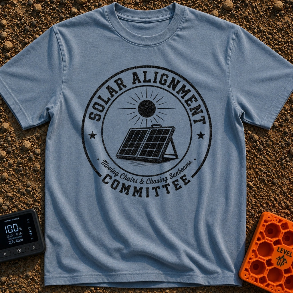 Solar Alignment Crew - T-Shirt in Blue Jean - A distressed circular badge design featuring a portable, folding solar...
