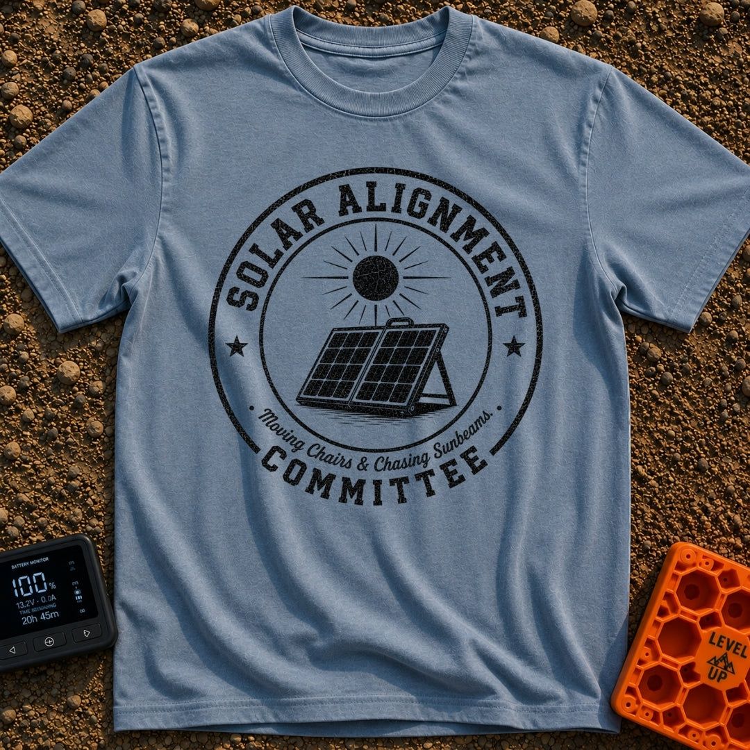 Solar Alignment Crew - T-Shirt in Blue Jean - A distressed circular badge design featuring a portable, folding solar...