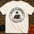 Solar Alignment Crew - T-Shirt in Ivory - A distressed circular badge design featuring a portable, folding solar panel...