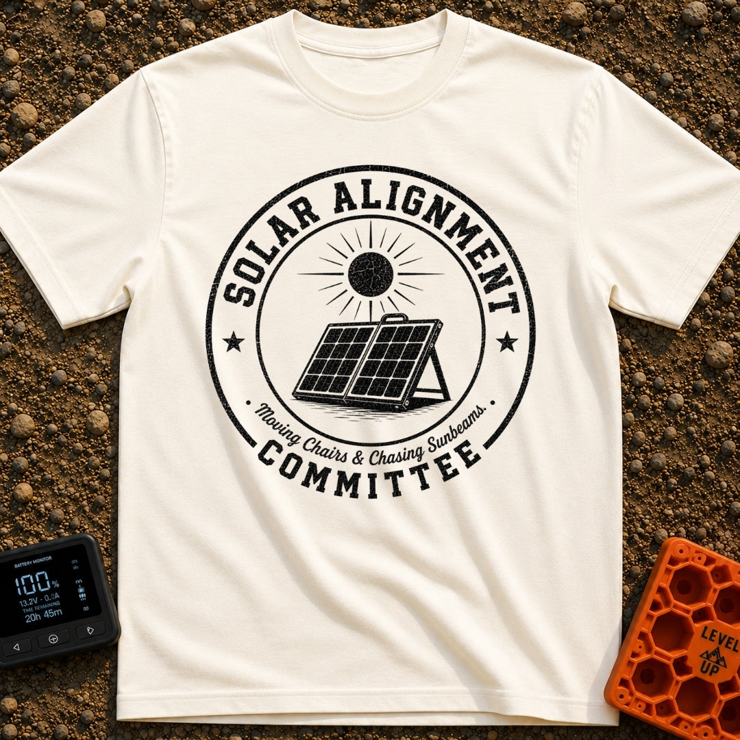 Solar Alignment Crew - T-Shirt in Ivory - A distressed circular badge design featuring a portable, folding solar panel...