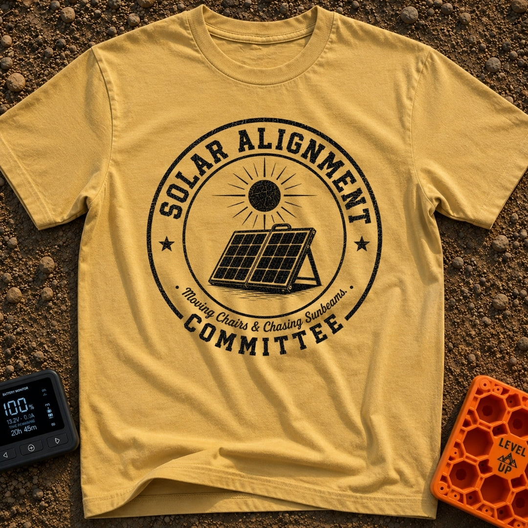 Solar Alignment Crew - T-Shirt in Mustard - A distressed circular badge design featuring a portable, folding solar panel...