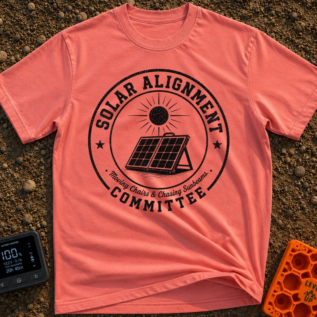 Solar Alignment Crew - T-Shirt in Watermelon - A distressed circular badge design featuring a portable, folding solar...