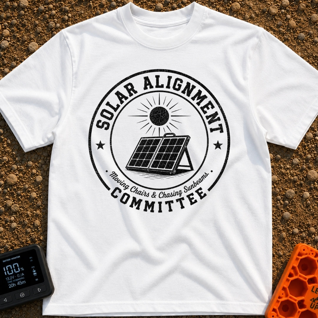 Solar Alignment Crew - T-Shirt in White - A distressed circular badge design featuring a portable, folding solar panel...
