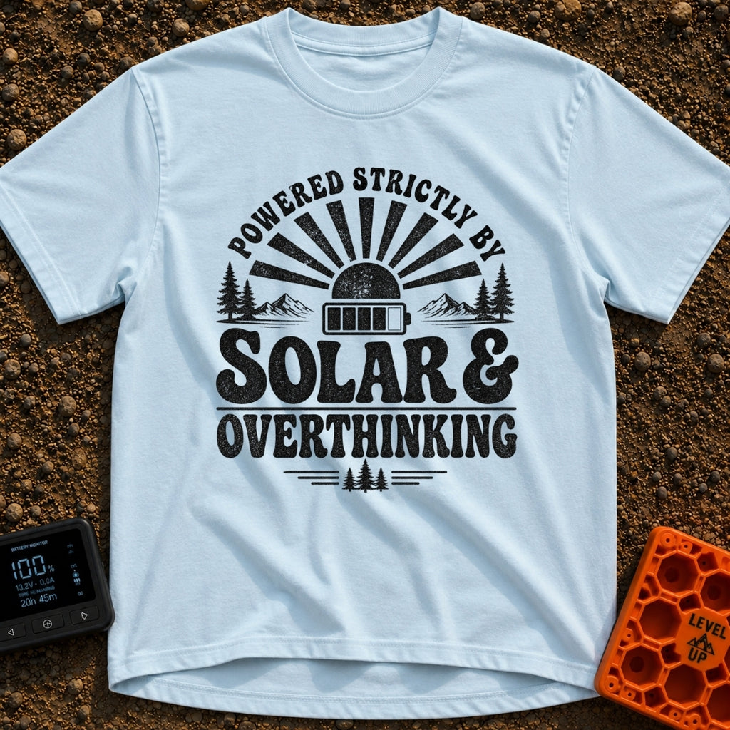 Solar Powered Overthinking - T-Shirt in Chambray - A distressed, black-and-white typographic design reading 'POWERED...