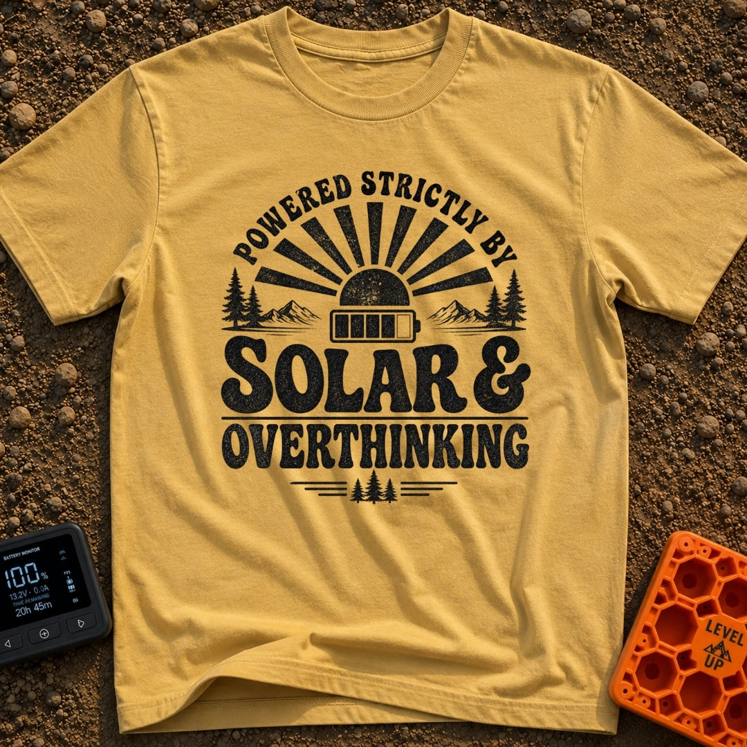 Solar Powered Overthinking - T-Shirt in Mustard - A distressed, black-and-white typographic design reading 'POWERED...