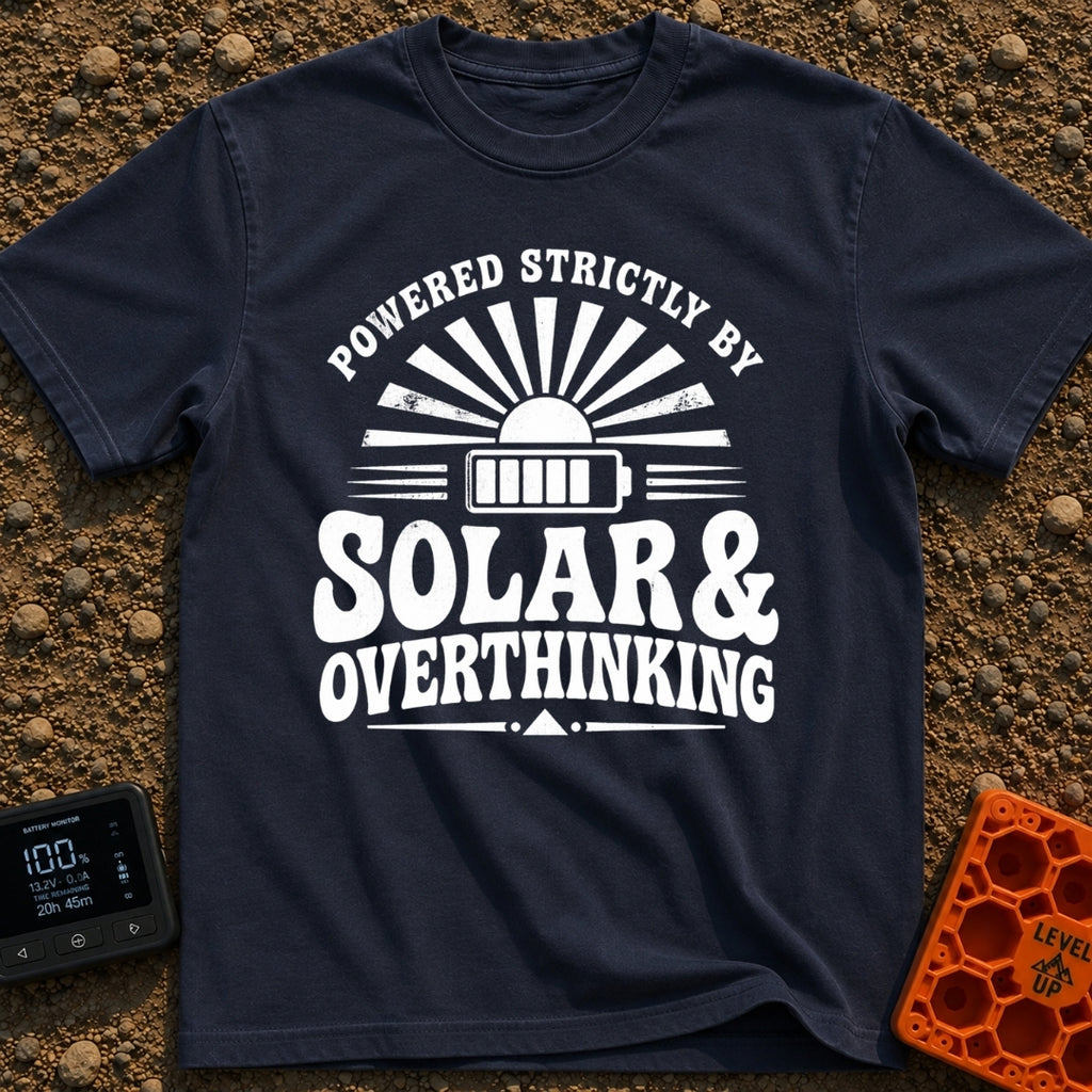 Solar Powered Overthinking - T-Shirt in Navy - A distressed, black-and-white typographic design reading 'POWERED STRICTLY...