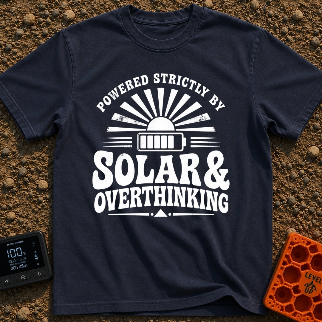 Solar Powered Overthinking - T-Shirt in Navy - A distressed, black-and-white typographic design reading 'POWERED STRICTLY...