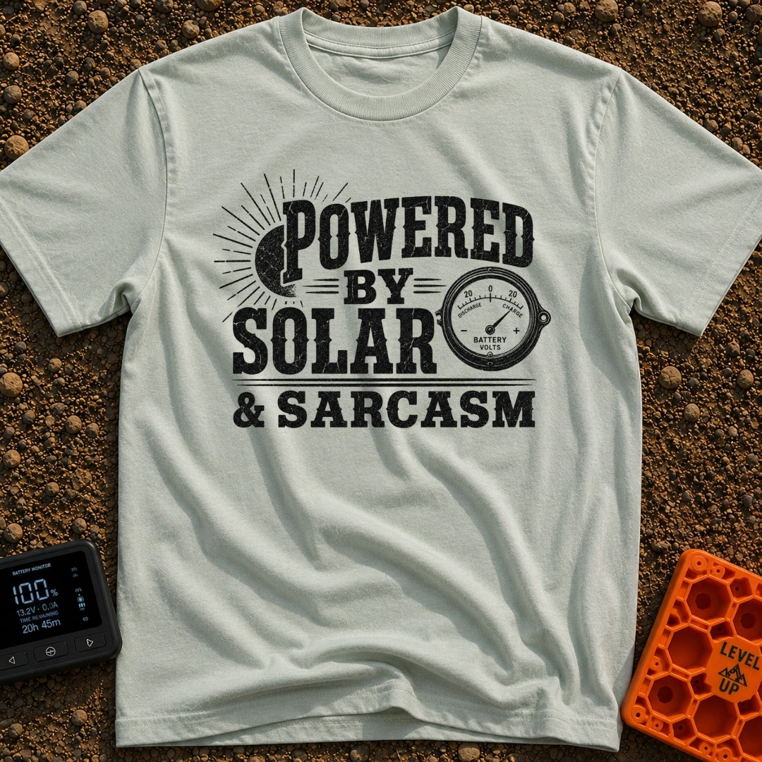 Solar Powered Snark - T-Shirt in Bay - A distressed typography design reading "POWERED BY SOLAR & SARCASM" featuring a...