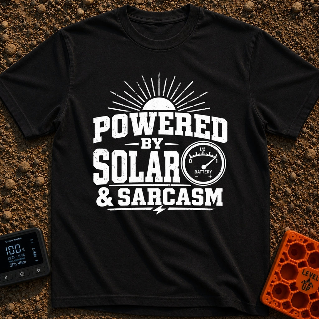 Solar Powered Snark - T-Shirt in Black - A distressed typography design reading "POWERED BY SOLAR & SARCASM" featuring a...