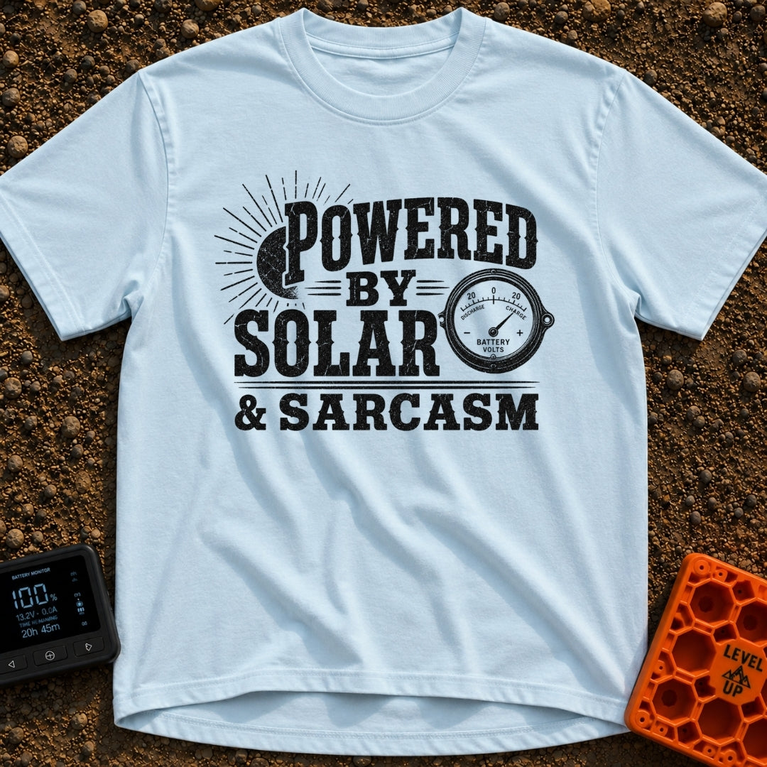 Solar Powered Snark - T-Shirt in Chambray - A distressed typography design reading "POWERED BY SOLAR & SARCASM" featuring...