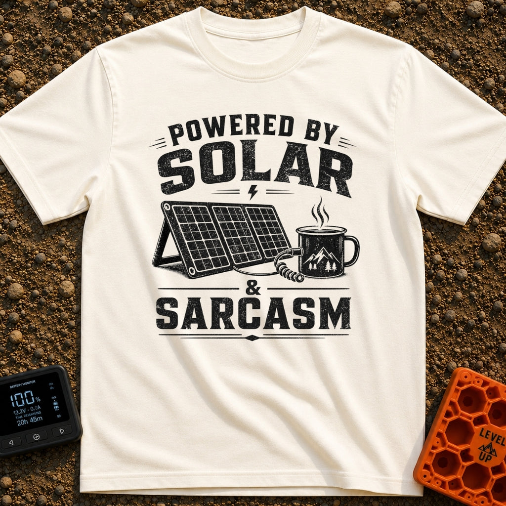 Solar Powered Sarcasm - T-Shirt in Ivory - A distressed black and white illustration showing the text "POWERED BY SOLAR &...