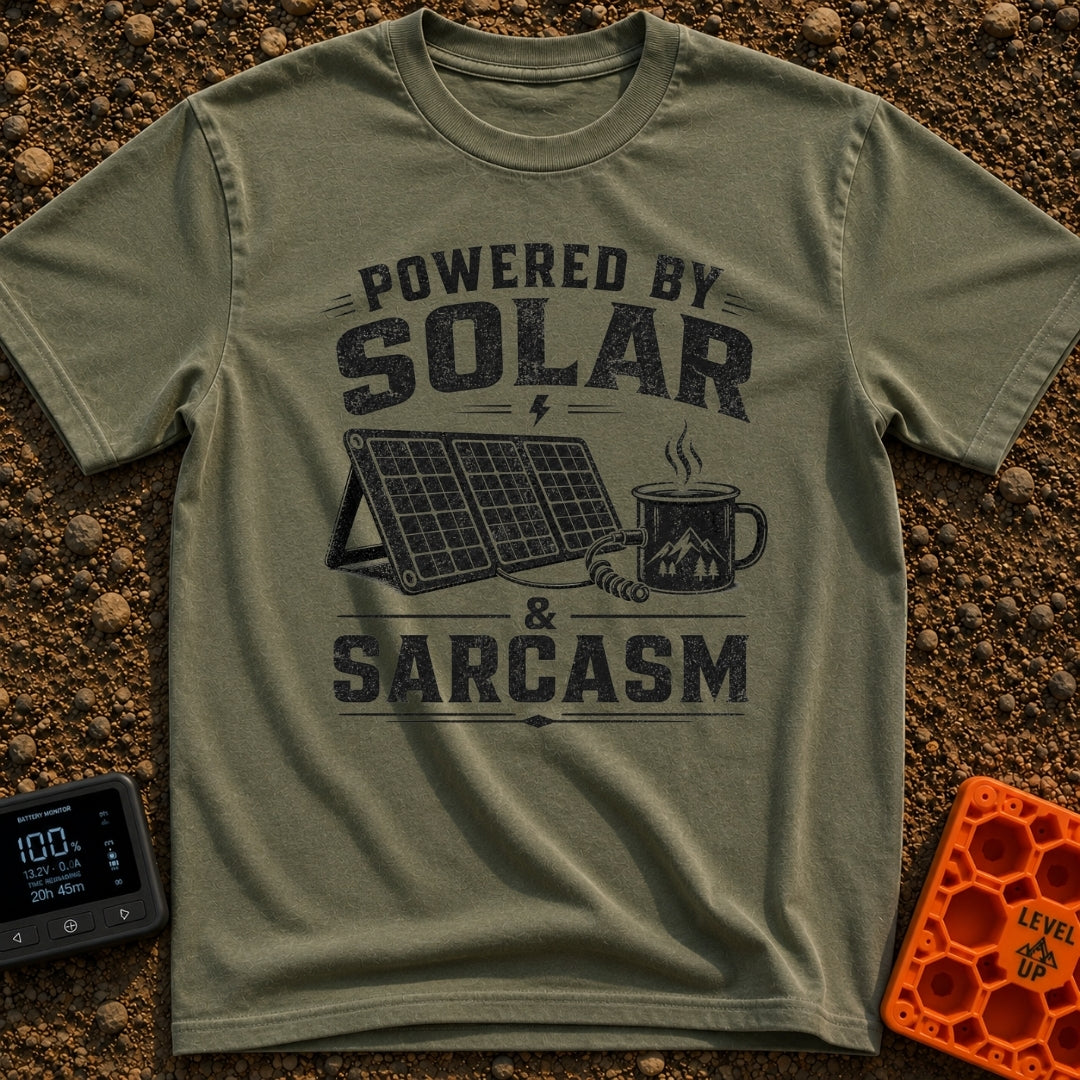 Solar Powered Sarcasm - T-Shirt in Moss - A distressed black and white illustration showing the text "POWERED BY SOLAR &...
