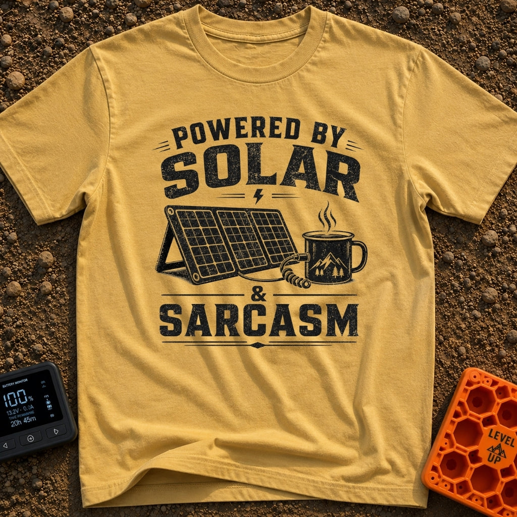 Solar Powered Sarcasm - T-Shirt in Mustard - A distressed black and white illustration showing the text "POWERED BY SOLAR...