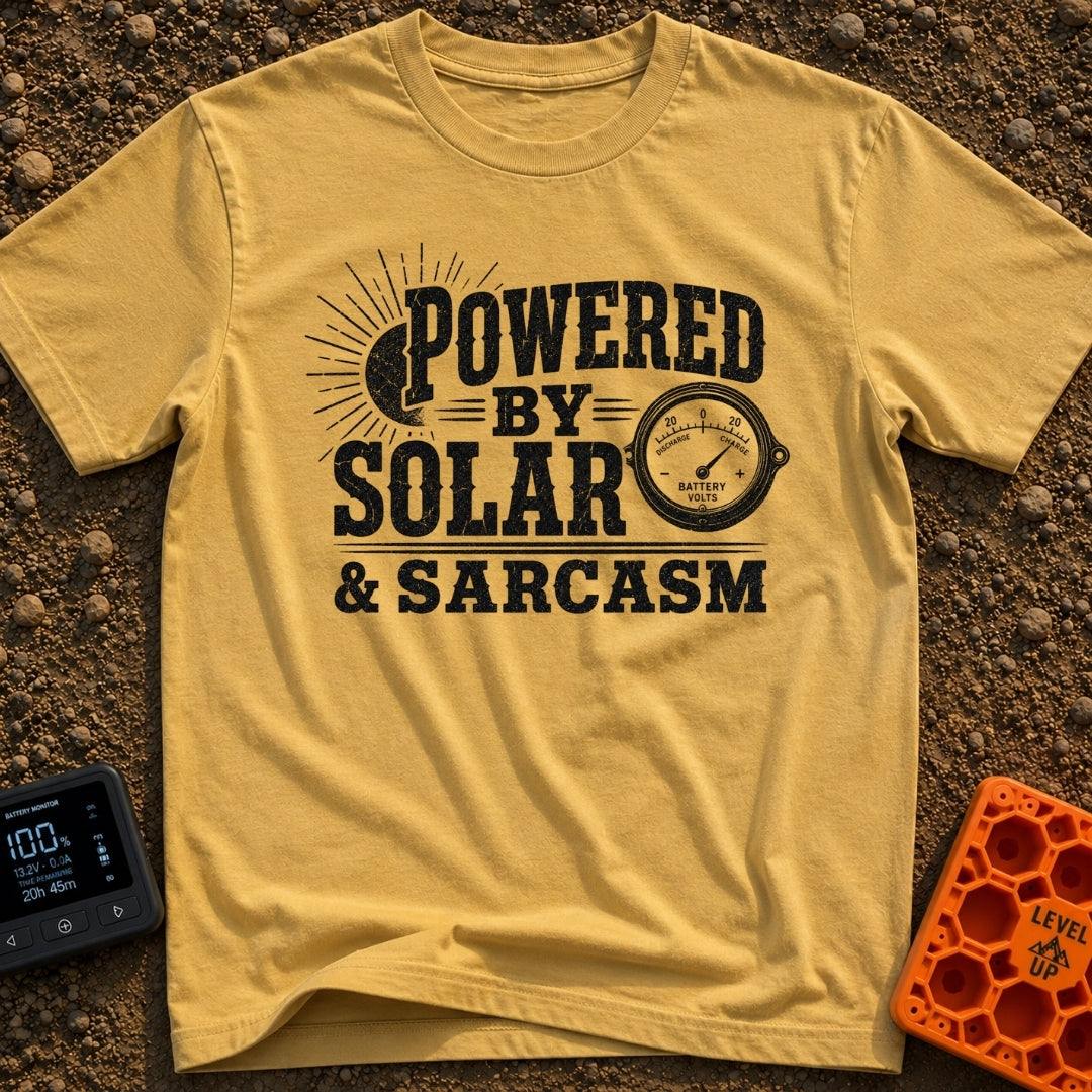 Solar Powered Snark - T-Shirt in Mustard - A distressed typography design reading "POWERED BY SOLAR & SARCASM" featuring...