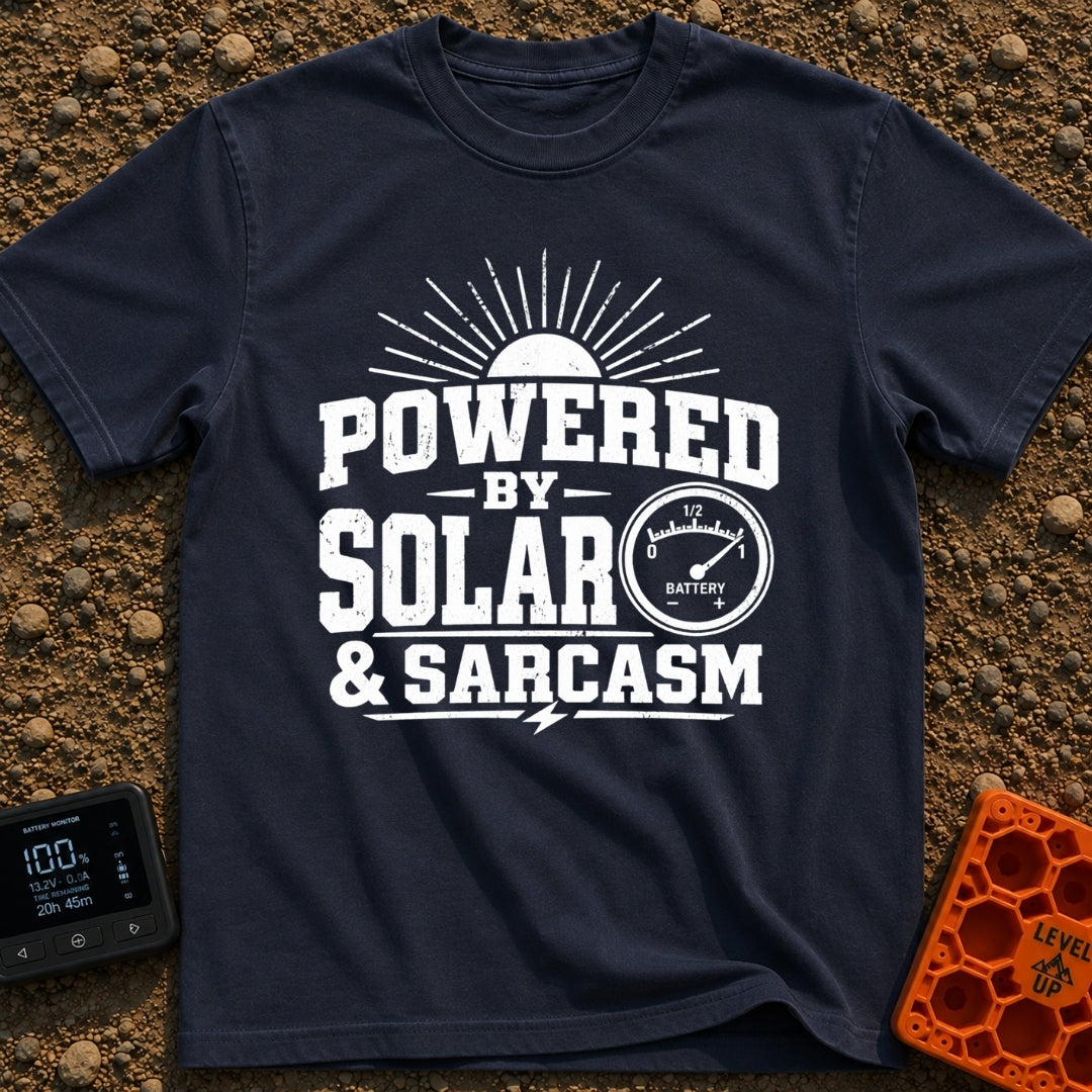 Solar Powered Snark - T-Shirt in Navy - A distressed typography design reading "POWERED BY SOLAR & SARCASM" featuring a...