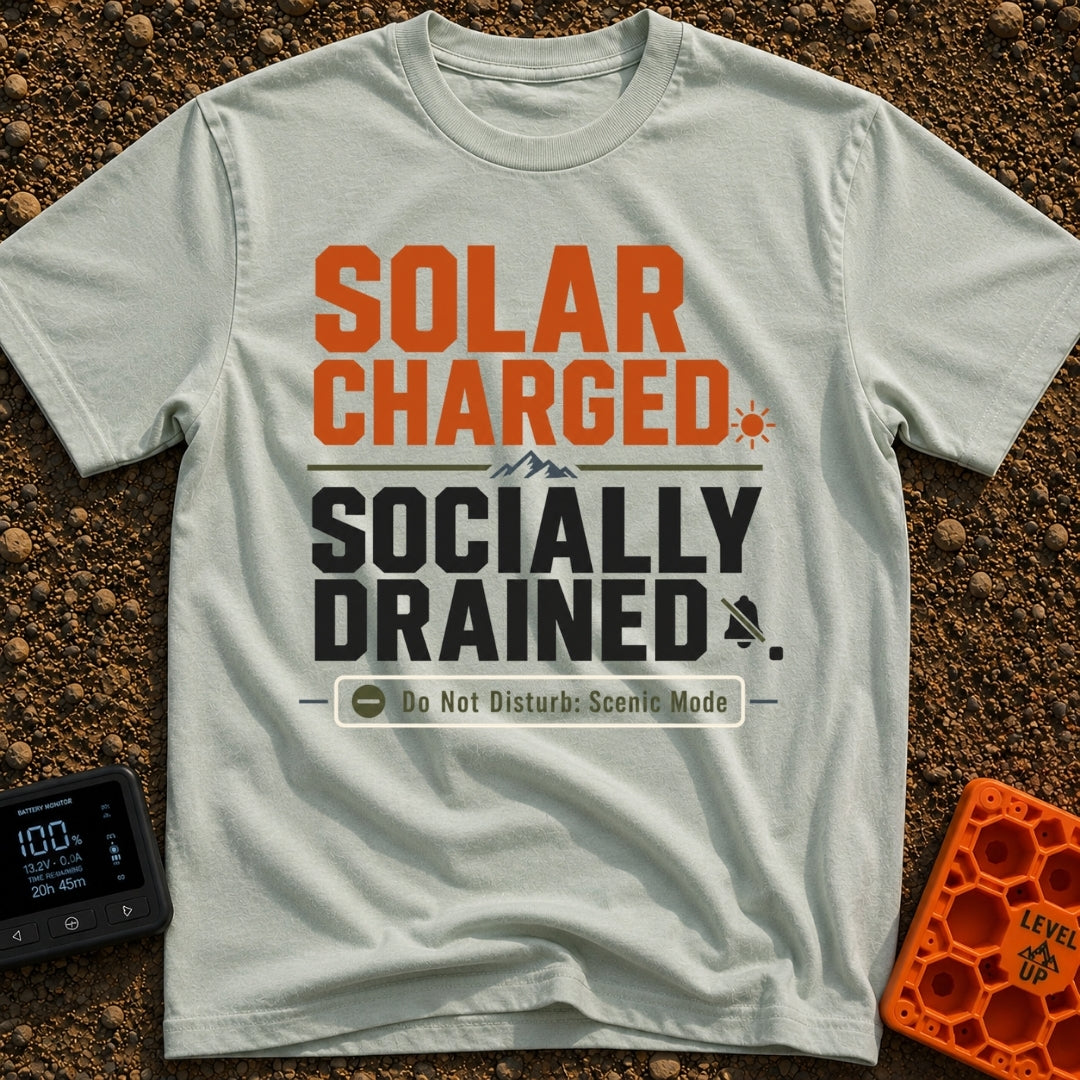 Solar Charged Socially Drained - T-Shirt in Bay - Text-based design featuring the words "SOLAR CHARGED" in orange block...